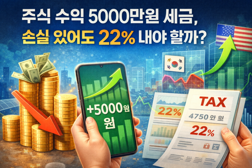 주식 수익 5000만원 세금, 손실 있어도 22% 내야 할까